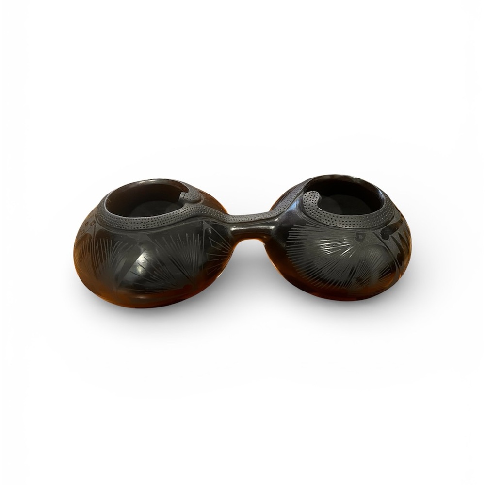 blackware Mata Ortiz pottery duo vessel by artist Jesus Quezada.